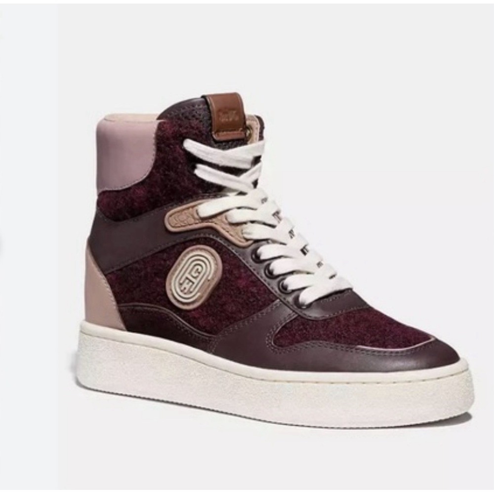 COACH C220 Tweed‎ Leather High Top Sneakers Oxblood True Pink 8.5 HTF! $175